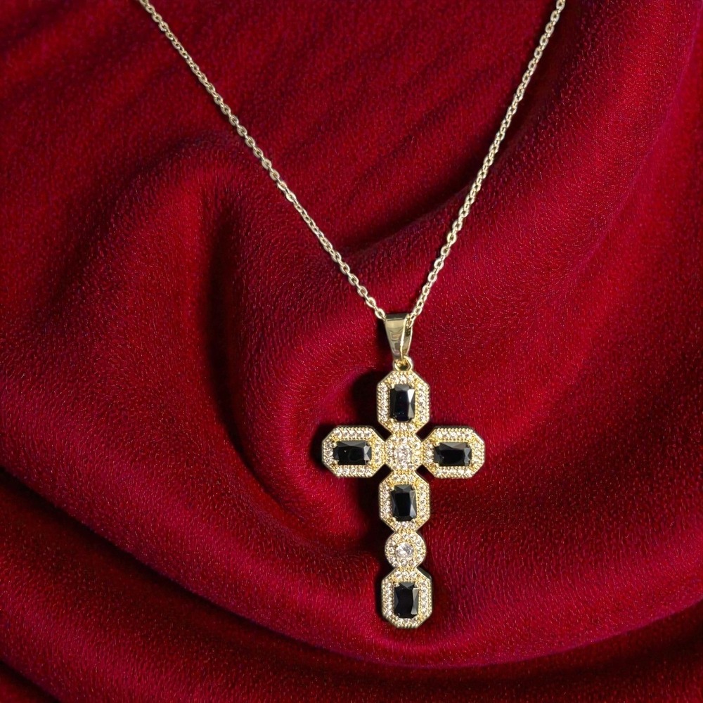 Adina Eden Gold Tone Pavé Cross Necklace Black Stone Pendant NWOT